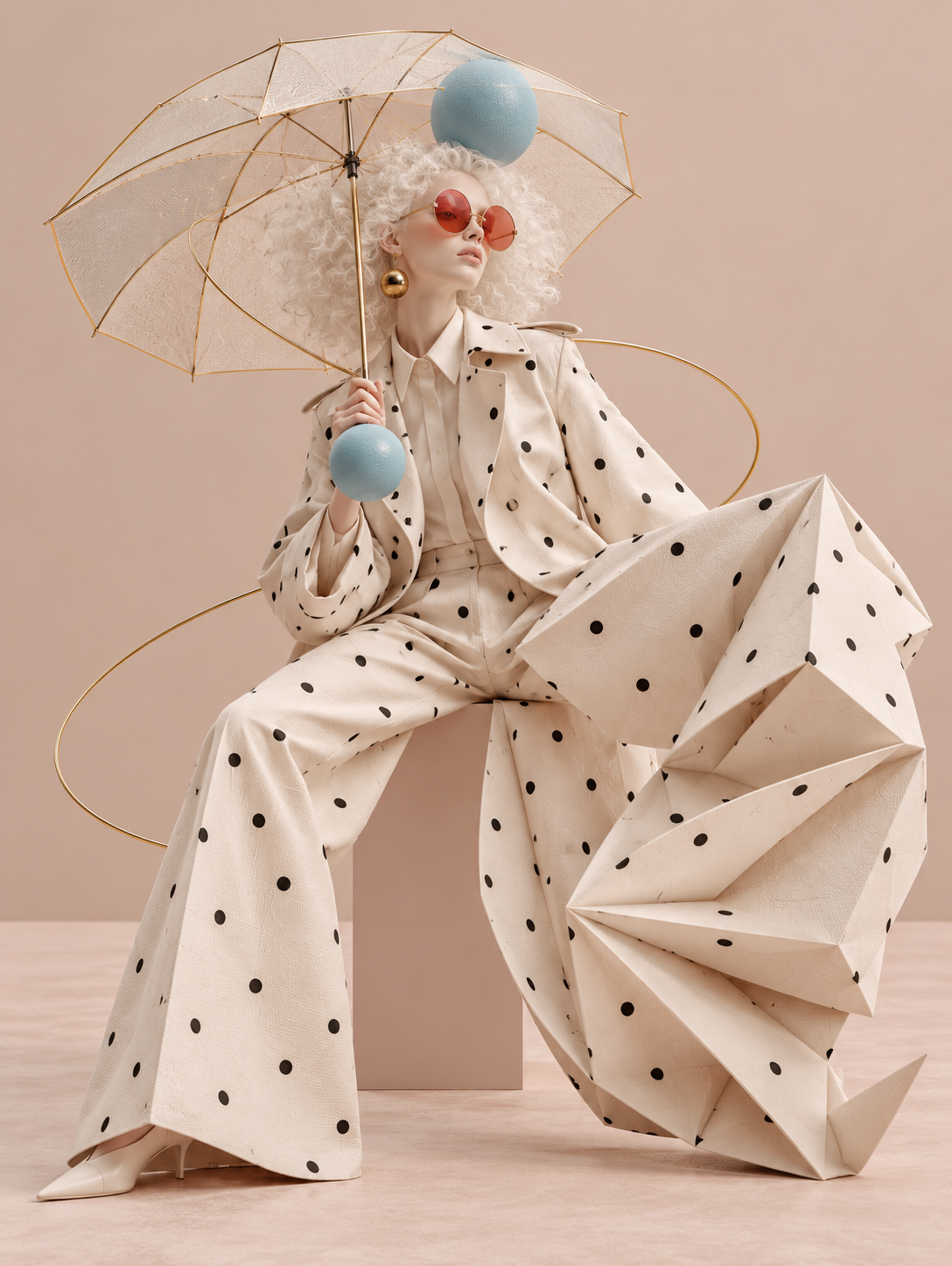 Figura surreale seduta in completo avorio a pois con pantalone dal volume scultoreo piegato, ombrello traslucido e sfere azzurre
